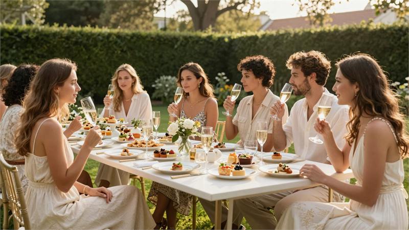 Dîner entre amis au jardin autour d’une table dressée