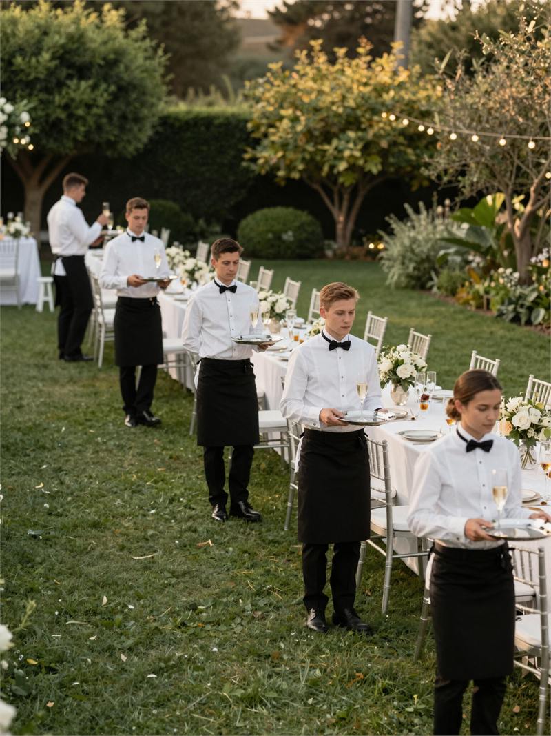 Maîtres d’hôtel en tenue servant les invités lors d’une réception en jardin