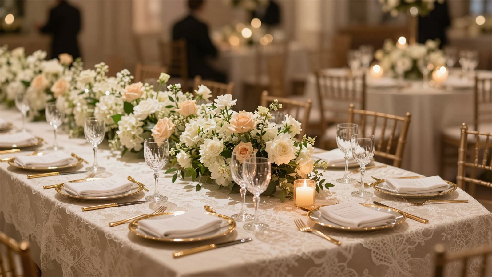 Table de mariage dressée, compositions de roses blanches et bougies